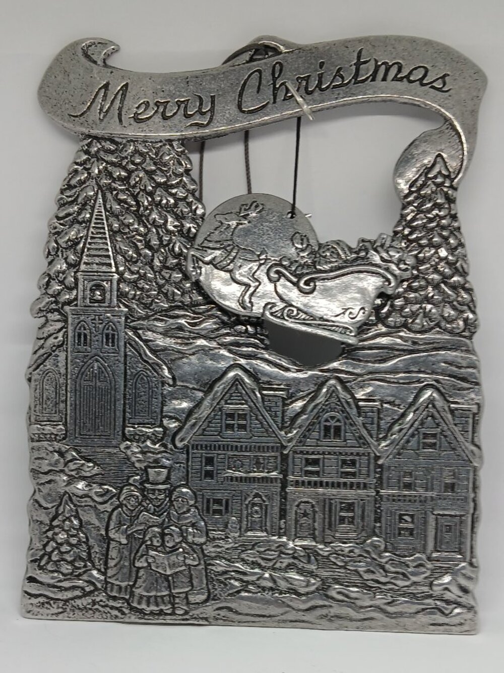 Vintage SILVER TONE MERRY CHRISTMAS VICTORIAN CHRISTMAS VILLAGE Scene SANTA DECO